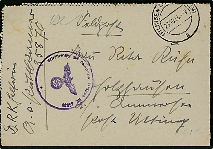 Ufrankeret feltpost korrespondancekort stemplet Ittlingen d. 23.10.1944. Sendt fra DRK (Tysk Røde Kors) Helferin ved feldpost nr. 35870 = 3. Leichtkranken-Kriegslazarett Kriegslazarett-Abteilung 607.