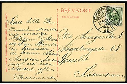 5 øre Fr. VIII på brevkort (Hvide Klit ved Frederiksværk) annulleret med brotype Ia Frederiksværk JB.P.E. d. 27.9.1909 til København.