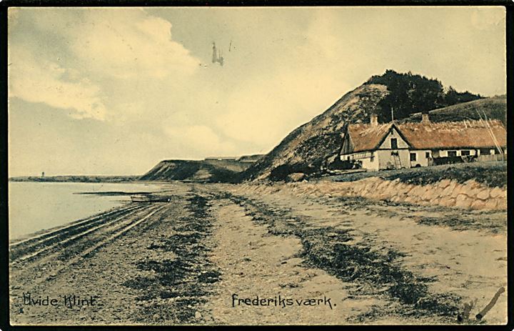 5 øre Fr. VIII på brevkort (Hvide Klit ved Frederiksværk) annulleret med brotype Ia Frederiksværk JB.P.E. d. 27.9.1909 til København.