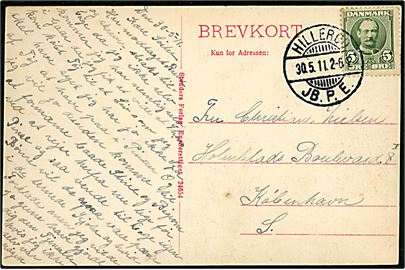 5 øre Fr. VIII på brevkort (Kronprins Christian på kongebroen ved Fredensborg) annulleret med brotype Ia Hillerød JB.P.E. d. 30.5.1911 til København.