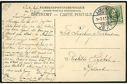 5 øre Fr. VIII på brevkort (Aakirkeby, Teknisk skole) annulleret med brotype Ia Aakirkeby JB.P.E. d. 1.7.1911 til Roskilde.