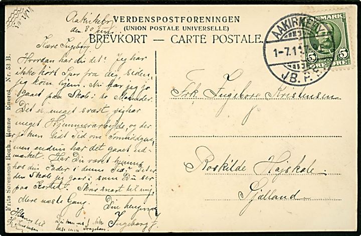 5 øre Fr. VIII på brevkort (Aakirkeby, Teknisk skole) annulleret med brotype Ia Aakirkeby JB.P.E. d. 1.7.1911 til Roskilde.