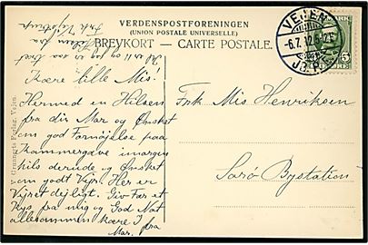 5 øre Fr. VIII på brevkort (Modersmaalet, monument i Skibelund Krat) annulleret med brotype Ia Vejen JB.P.E. d. 6.7.1912 til Sorø.