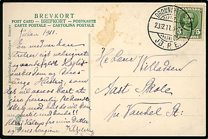 5 øre Fr. VIII på brevkort annulleret med brotype Ia Dronninglund JB.P.E. d. 23.12.1911 til Vandel St.