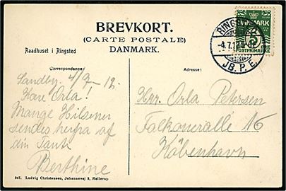 5 øre Bølgelinie på brevkort (Ringsted Raadhus) annulleret med brotype Ia Ringsted JB.P.E. d. 4.7.1912 til København.