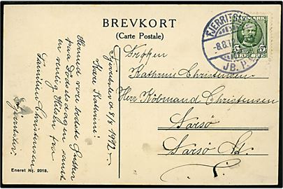 5 øre Fr. VIII på brevkort (Hedens sidste tater) annulleret med brotype Ia Fjerritslev JB.P.E. d. 8.8.1912 til Farsø.