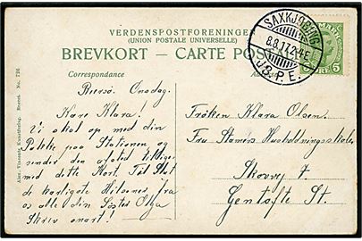 5 øre Chr. X på brevkort (Lillebælt ved Middelfart med dampbåd) annulleret med brotype Ia Saxkjøbing JB.P.E. d. 8.8.1917 til Gentofte. 