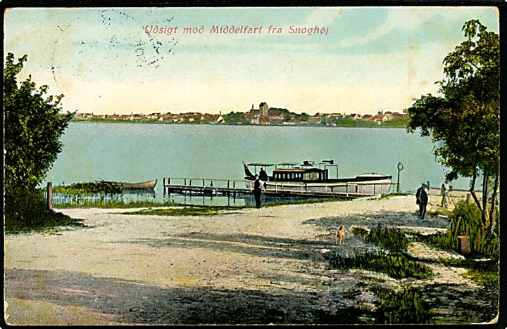 5 øre Chr. X på brevkort (Lillebælt ved Middelfart med dampbåd) annulleret med brotype Ia Saxkjøbing JB.P.E. d. 8.8.1917 til Gentofte. 