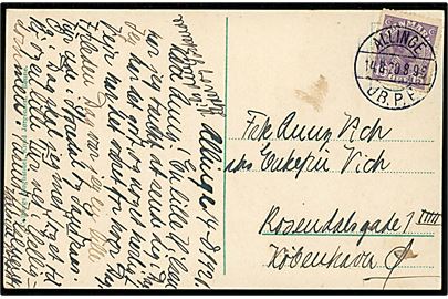 15 øre Chr. X på brevkort annulleret med brotype IIb Allinge JB.P.E. d. 14.8.1920 til København.