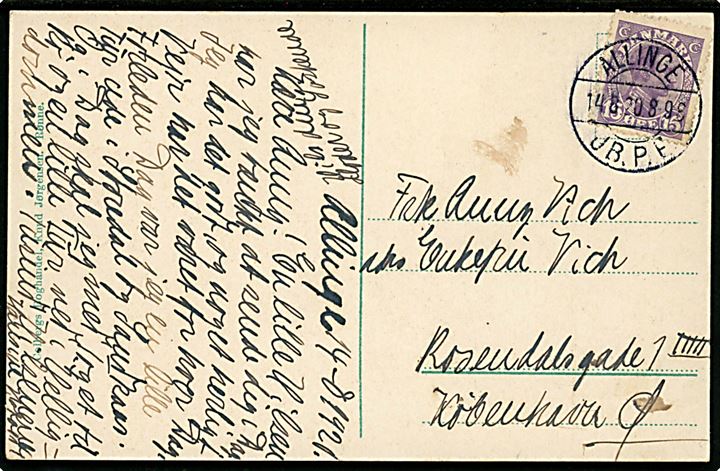 15 øre Chr. X på brevkort annulleret med brotype IIb Allinge JB.P.E. d. 14.8.1920 til København.