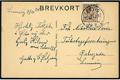 20 øre Chr. X på lokalt brevkort (Udsigt fra Øst) annulleret med brotype IIIb Lemvig JB.P.E. d. 10.10.1924.