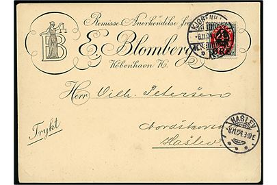 4/8 øre Provisorium på illustreret tryksagskort fra firma E. Blomberg i Kjøbenhavn d. 8.11.1904 til Haslev.