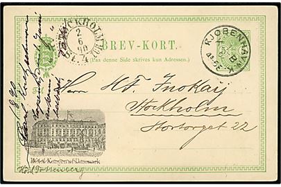 5 øre Våben små hj.tal helsagsbrevkort med tiltryk Hôtel Kongen af Danmark fra Kjøbenhavn KB d. 1.6.1890 til Stockholm, Sverige.