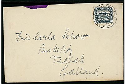 20 øre Genforening på brev annulleret med bureaustempel Aabenraa - Røde Kro T.1734 (?) d. 6.8.1921 til Vedbæk.