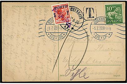 10 öre Løve på underfrankeret brevkort fra Stockholm, d. 5.7.1922 til Vejlefjord Sanatorium pr. Vejle, Danmark. Udtakseret i porto med 10 øre SF PORTO Provisorium annulleret med violet liniestempel Vejlefjord.