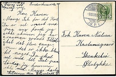 5 øre Fr. VIII på brevkort annulleret brotype Frederikssund JB.P.E. d. 9.10.1908 til Ølstykke.
