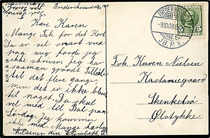 5 øre Fr. VIII på brevkort annulleret brotype Frederikssund JB.P.E. d. 9.10.1908 til Ølstykke.