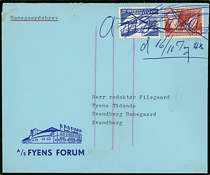 35 øre FAO (defekt) og 60 øre SAS på fortrykt kuvert fra A/S Fyens Forum fra ca. 1963 påskrevet Banegaardsbrev og blækannulleret Annulleret og d. 16/10 Tog 218 til Fyens Tidende i Svendborg.