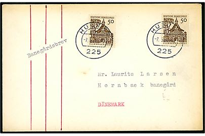 Tysk 50 pfg. (2) på brev påskrevet: Banegårdsbrev og stemplet Husum d. 7.6.1966 til Hornbæk Banegård i Danmark. Uklart om brevet er blevet særligt befordret.