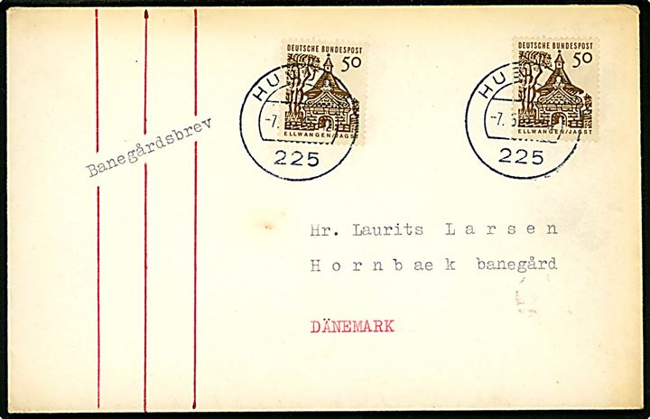 Tysk 50 pfg. (2) på brev påskrevet: Banegårdsbrev og stemplet Husum d. 7.6.1966 til Hornbæk Banegård i Danmark. Uklart om brevet er blevet særligt befordret.