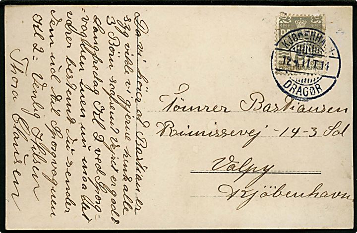 3 øre Bølgelinie (defekt) på lokalt brevkort (Soldater fra 21 Battalion) annulleret med bureaustempel Kjøbenhavn - Dragør T.14 d. 12.4.1911 til Valby, København.