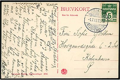 5 øre Bølgelinie på brevkort fra Skodsborg annulleret med bureaustempel Kjøbenhavn - Klampenborg T.516 d. 1.7.1913 til København.