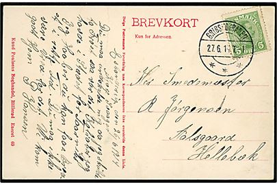 5 øre Chr. X på brevkort (Søborg kirke) dateret i Esbønderup og annulleret med tydeligt bureaustempel Gribskovbanen T.1 d. 27.6.1914 til Aalsgaard pr. Hellebæk.