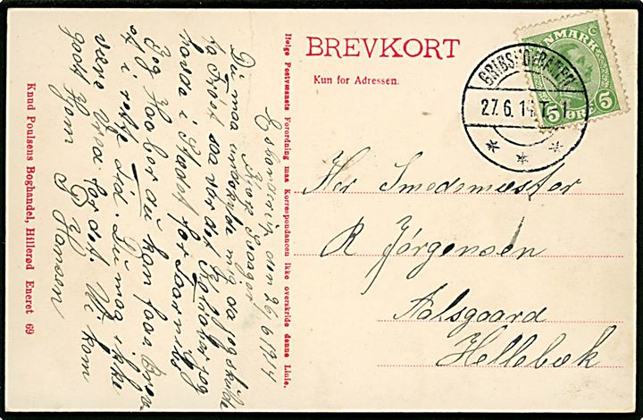 5 øre Chr. X på brevkort (Søborg kirke) dateret i Esbønderup og annulleret med tydeligt bureaustempel Gribskovbanen T.1 d. 27.6.1914 til Aalsgaard pr. Hellebæk.
