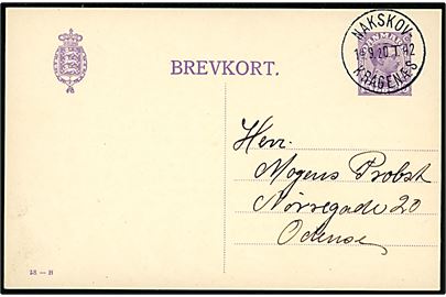 15 øre Chr. X helsagsbrevkort (fabr. 58-H) fra Horslunde annulleret med smukt bureaustempel Nakskov - Kragenæs T.42 d. 14.9.1920 til Odense. 