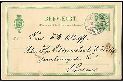 5 øre Våben helsagsbrevkort dateret i Halskov og annulleret med sejlende bureaustempel Korsør - Nyborg T.50 d. 30.8.1905 til Horsens. 