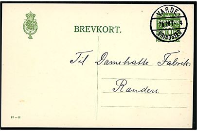 10 øre helsagsbrevkort (fabr. 87-H) fra Skovlund pr. Mølby annulleret med smukt brotype IVe bureaustempel Varde - Grindsted T.4 d. 7.5.1928 til Randers.