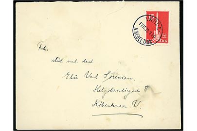 15 øre Stavnsbåndet på brev fra Nørre Nebel annulleret med bureaustempel Varde - N.Nebel - Tarm T.10 d. 17.11.1939 til København. Rift i overkant.
