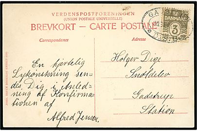 3 øre Bølgelinie på lokalt brevkort (Maglegaard) annulleret med ovalt jernbanestempel GADSTRUP *D.S.B.* d. 30.9.1906 til Snoldelev pr. Gadstrup Station.