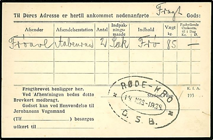7 øre helsagsbrevkort (fabr. 123) med fortrykt meddelelse fra De danske Statsbaner anvendt som lokalt adviskort i Røde Kro d. 19.3.1938. Ovalt jernbanestempel RØDE-KRO * D.S.B. * d. 18.3.1938.