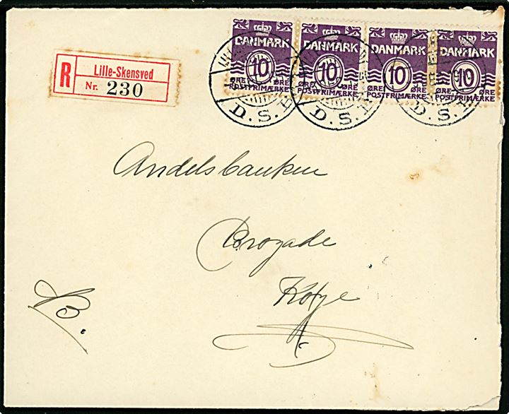 10 øre Bølgelinie (4) på anbefalet brev fejlagtigt annulleret med DSB-brotypestempel LILLE-SKENSVED / D.S.B. d. 3.12.1940 til Køge.