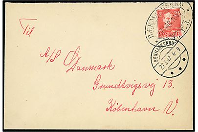 20 øre Chr. X på brev fejlagtigt annulleret med ovalt jernbanestempel BÆKMARKSBRO * V.L.T.J. (= Vemb-Lemvig-Thyborøn Jernbane) d. 27.3.1947 og sidestemplet med brotype IIc Bækmarksbro d. 27.3.1947 til København.
