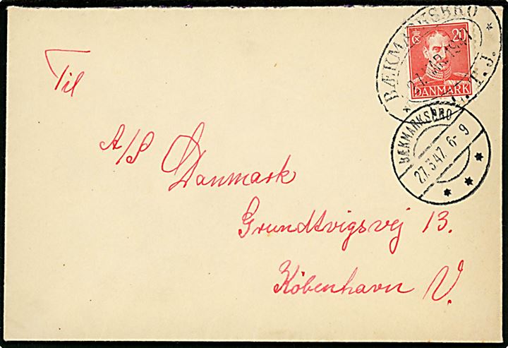 20 øre Chr. X på brev fejlagtigt annulleret med ovalt jernbanestempel BÆKMARKSBRO * V.L.T.J. (= Vemb-Lemvig-Thyborøn Jernbane) d. 27.3.1947 og sidestemplet med brotype IIc Bækmarksbro d. 27.3.1947 til København.