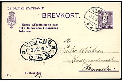 De danske Statsbaner 10 øre Chr. X helsagsbrevkort (fabr. 57x) fra Vojens d. 13.1.1949 til Hammelev. Ovalt jernbanestempel VOJENS * D.S.B. * d. 13.3.1949.