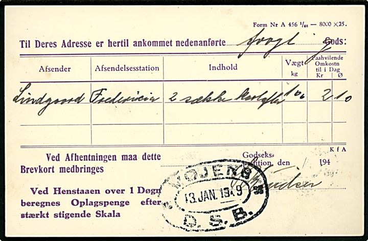 De danske Statsbaner 10 øre Chr. X helsagsbrevkort (fabr. 57x) fra Vojens d. 13.1.1949 til Hammelev. Ovalt jernbanestempel VOJENS * D.S.B. * d. 13.3.1949.