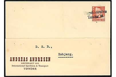30 øre Fr. IX på brevkort vedhæftet fragtbrev dateret i Tønder d. 9.8.1958 og annulleret med 2-liniestempel Vognkontrollen / Tønder H. til D.S.B. i Esbjerg.
