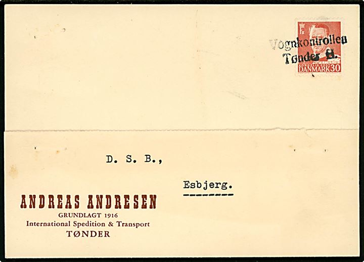 30 øre Fr. IX på brevkort vedhæftet fragtbrev dateret i Tønder d. 9.8.1958 og annulleret med 2-liniestempel Vognkontrollen / Tønder H. til D.S.B. i Esbjerg.
