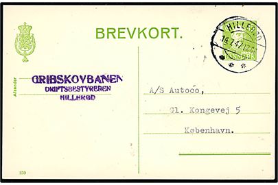 15 øre Chr. X helsagsbrevkort (fabr. 159) fra Hillerød d. 14.7.1947 til København. Violet afs.-stempel Gribskovbanen / Driftsbestyreren / Hillerød.