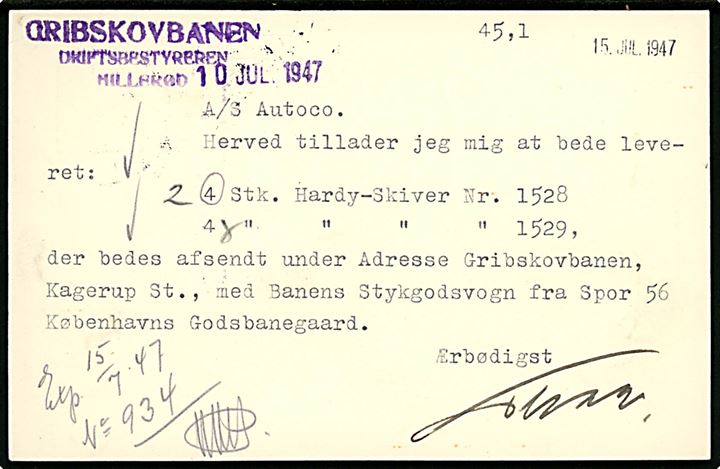 15 øre Chr. X helsagsbrevkort (fabr. 159) fra Hillerød d. 14.7.1947 til København. Violet afs.-stempel Gribskovbanen / Driftsbestyreren / Hillerød.