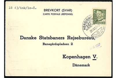 35 øre Fr. IX med perfin DSB på internationalt svarkort annulleret med schweizisk stempel i Hergiswil d. 29.4.1957 til Danske Statsbaners Rejsebureau i København.