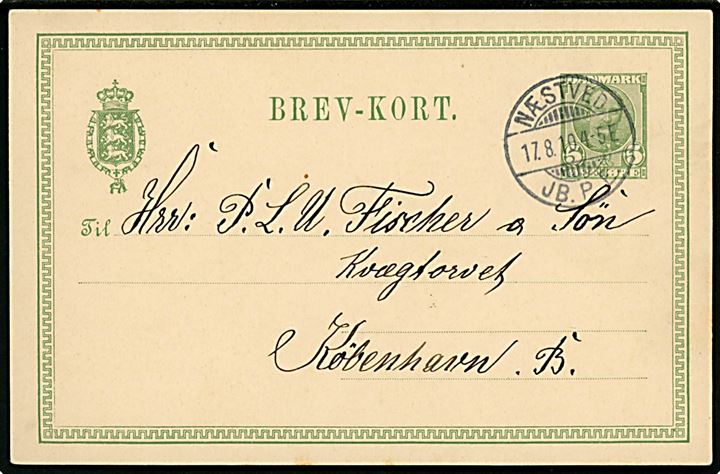 5 øre Fr. VIII helsagsbrevkort annulleret med brotype Ia Næstved JB.P.E. d. 17.8.1910 til København.