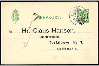 5 øre Chr. X helsagsbrevkort (udelt) annulleret med brotype Ia Vinderup JB.P.E. d. 18.9.1915 til København.