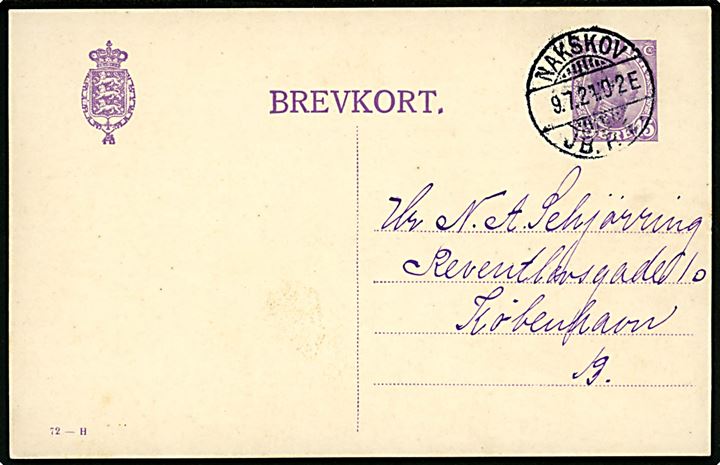 15 øre Chr. X helsagsbrevkort (fabr. 72-H) annulleret med brotype Ia Nakskov JB.P.E. d. 9.7.1924 til København.