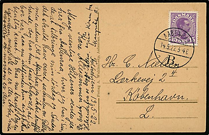 15 øre Chr. X på brevkort annulleret med brotype Vb Aabenraa d. 14.5.1922 til København.