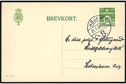 10 øre helsagsbrevkort (fabr. 89-H) annulleret med brotype Vb Højer B. d. 31.1.1929 til København. Sendt fra Uddybningsfartøj No. 2 ved Højer. 