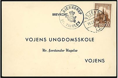 20 øre 1000 års udg. på brevkort annulleret med brotype Vc Vojens B. d. 14.2.1959 og sidestemplet med posthornstempel BJERNDRUP pr. TINGLEV til Vojens.